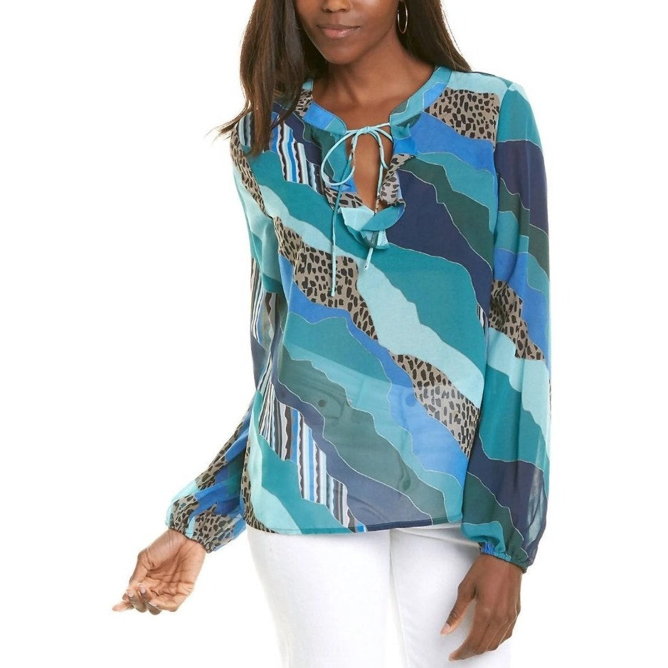 NWT Hutch Sheer Tie Front Blue Green Animal Mixed Print Long Sleeve Top Size XS