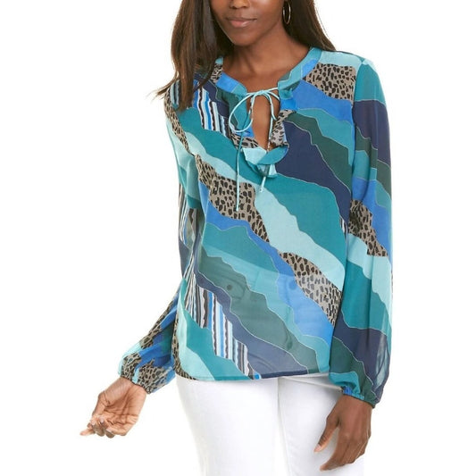 NWT Hutch Sheer Tie Front Blue Green Animal Mixed Print Long Sleeve Top Size XS