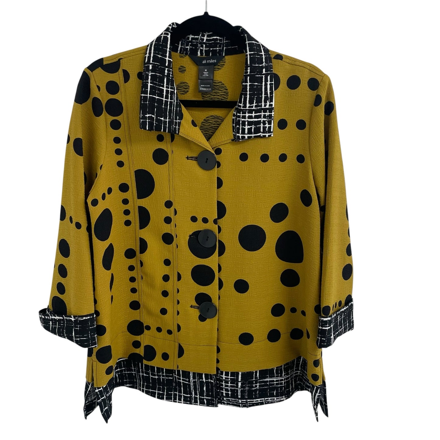 Ali Miles Mustard Yellow Black Polka Dot Button Front Collared Jacket Medium