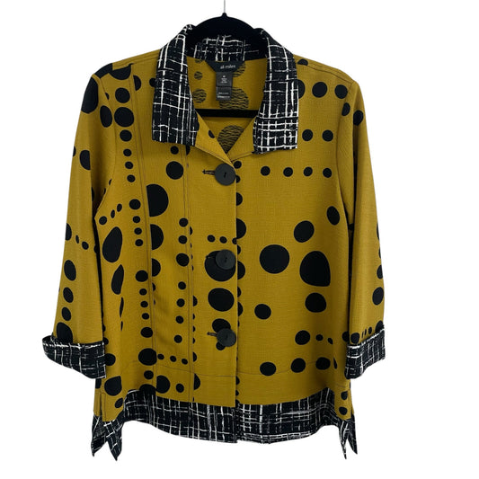 Ali Miles Mustard Yellow Black Polka Dot Button Front Collared Jacket Medium