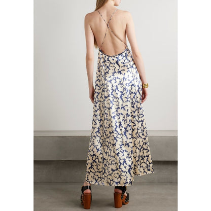 NWT Ulla Johnson Navy Beige Floral Print Sleeveless Evie Satin Dress Womens 0