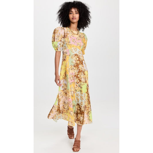 Alemais Yellow Floral Patchwork Puff Sleeve Crewneck Matilde Midi Dress Womens 4