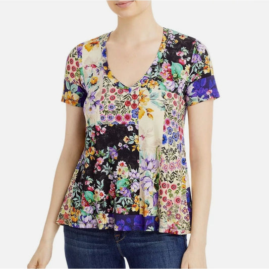 Johnny Was Multicolor Floral Patchwork Print Short Sleeve Tee Womens Small