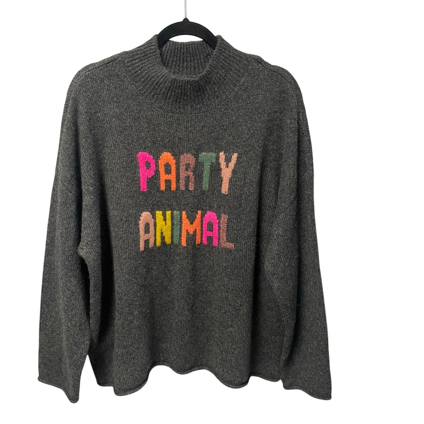 Lou & Grey Dark Gray Multicolor Knit Party Animal Mock Neck Sweater Womens XXL