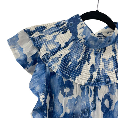 Joie 100% Silk Ruffle Sleeve Orville Top Blue Porcelain Floral Print Size Small