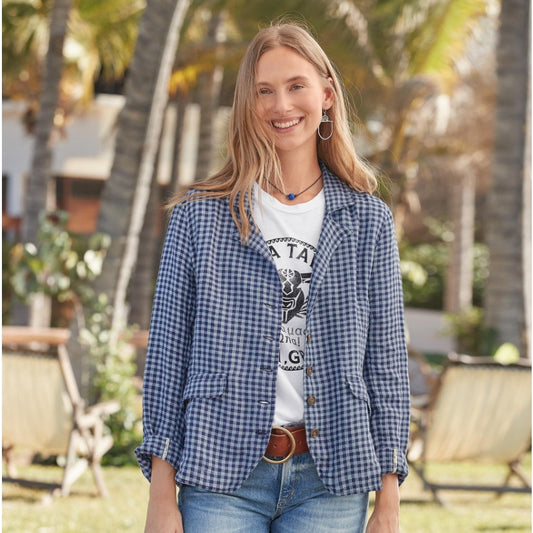 Sundance Navy Blue Gingham Button Front Linen Ziri Blazer Womens Medium