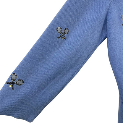 Vintage Carole Little Tennis Theme Embroidered Blue Sweater Petite Large AS IS