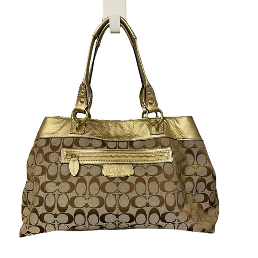 Coach Signature Logo Print Beige Brown Penelope Satchel with Gold Leather Trim