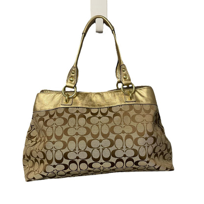 Coach Signature Logo Print Beige Brown Penelope Satchel with Gold Leather Trim