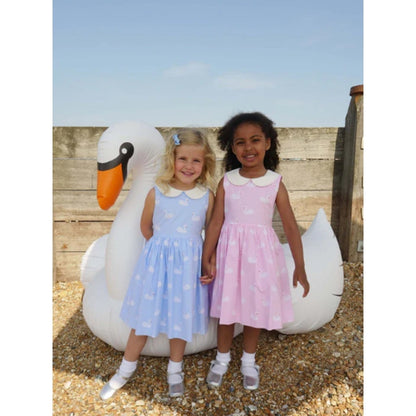 Rachel Riley Blue White Swan Print Peter Pan Collar Fit & Flare Dress Girls 8Y
