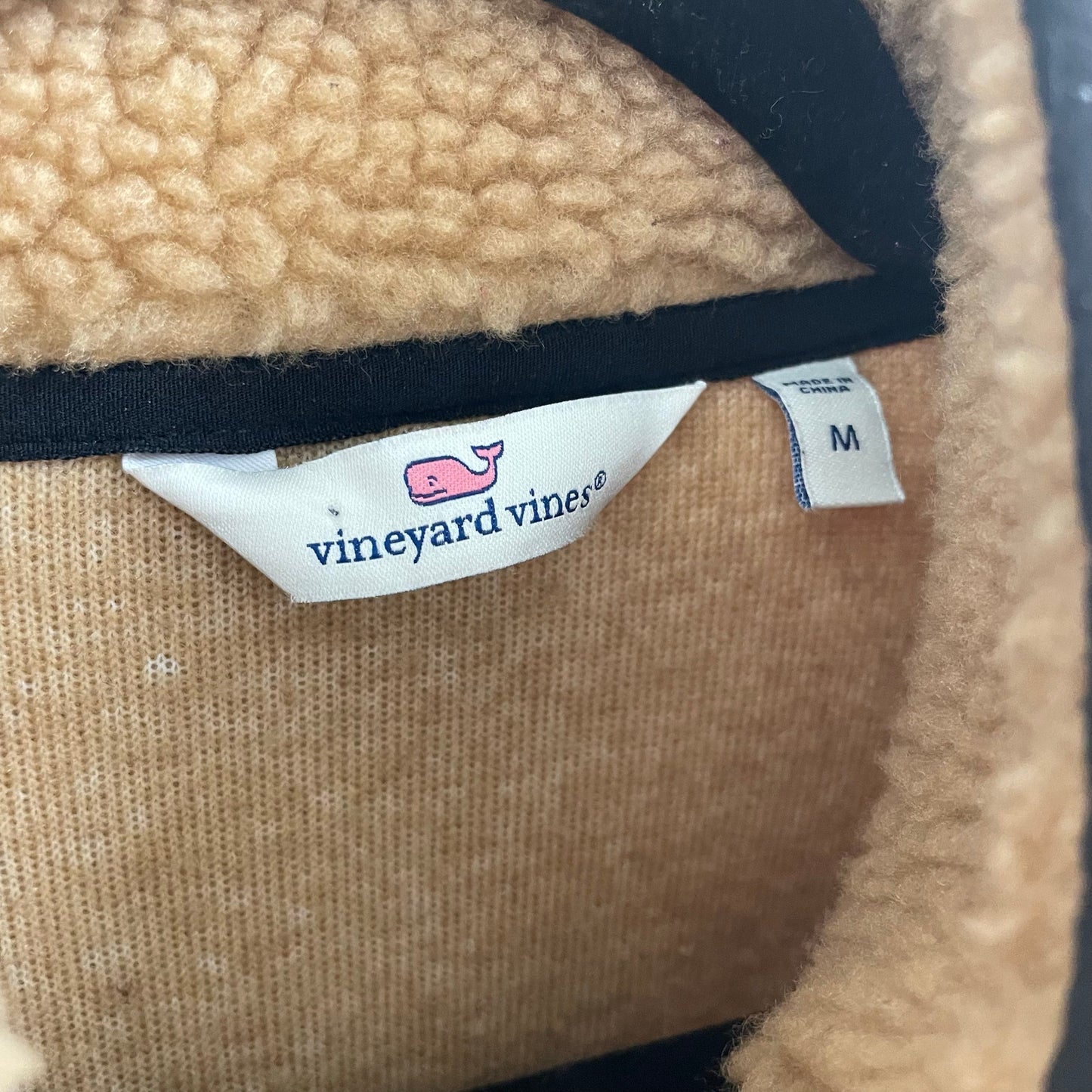 Vineyard Vines Sherpa Fleece Breton Stripe SuperShep Half Zip Tan Black Medium