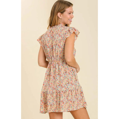 Umgee Multi Color Floral Print Flutter Sleeve Neck Tie Smocked Dress Women Large