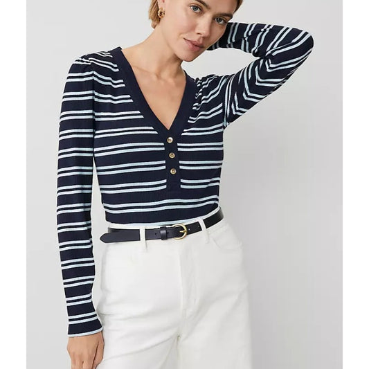 Ann Taylor Navy Weekend Collection Striped Puff Sleeve Henley Top Womens XXL