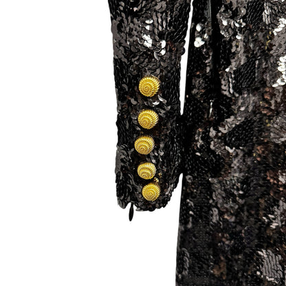 NWT Balmain Black Sequin Gold Button High Collar Fitted Long Maxi Dress Women 36