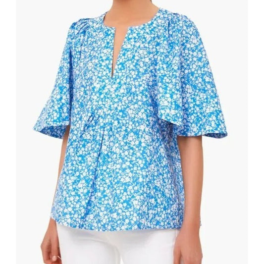 Tuckernuck Blooms on Broad Finley Flutter Sleeve Top Blue White Floral Medium