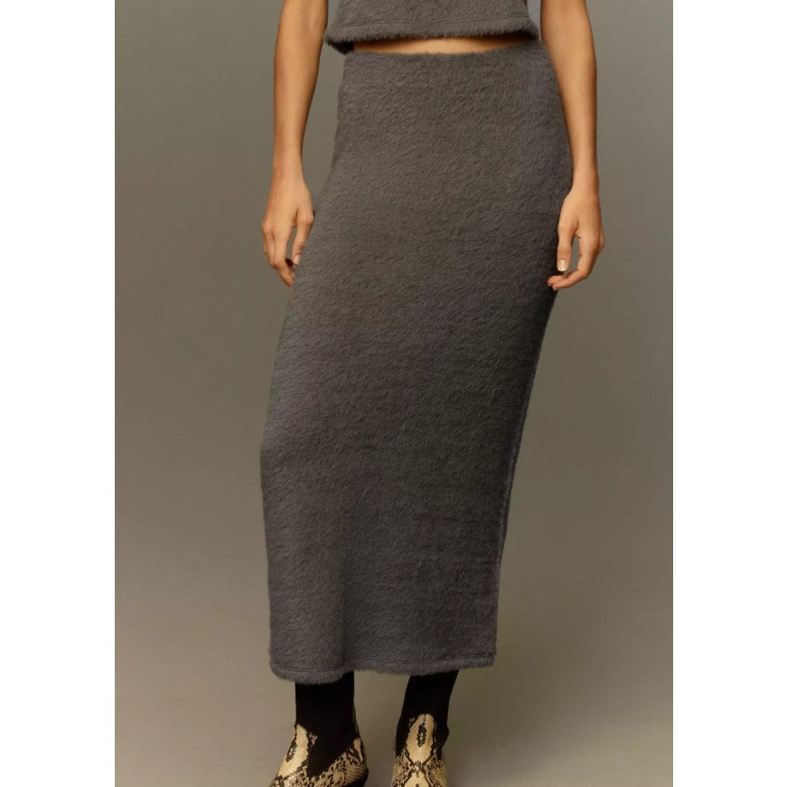 Maeve Gray Fuzzy Knit Column Pull On Maxi Skirt Womens Size Small