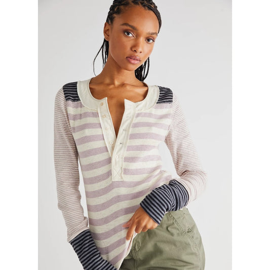 We The Free Lavender Cream Give Me Stripes Long Sleeve Henley Tee Womens Small