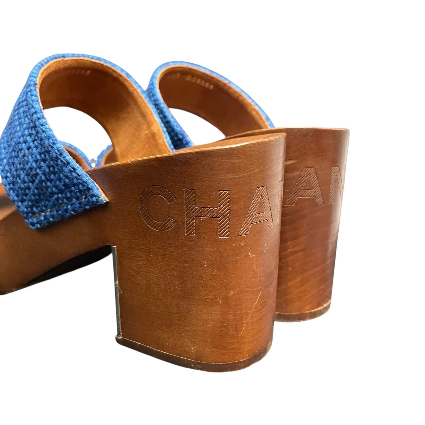Chanel Chain Platform Slide Sandals Tweed Wood Heel Blue Brown Womens 40 / US 9