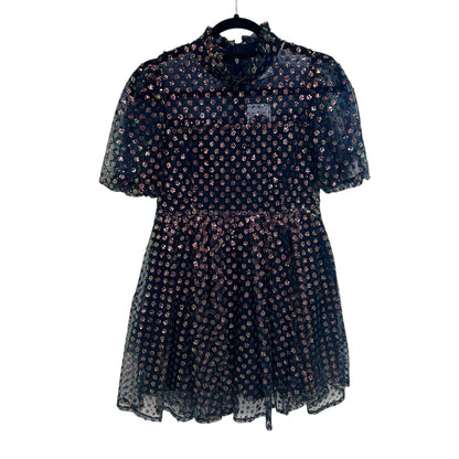 NWT Queen of Sparkles Navy Sequin Flower Short Sleeve Mini Dress Womens Small