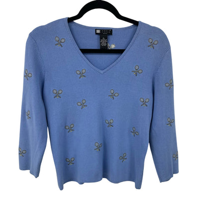 Vintage Carole Little Tennis Theme Embroidered Blue Sweater Petite Large AS IS