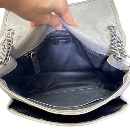 Yves Saint Laurent Fog Grey Crinkled Calfskin Monogram Niki Chain Satchel