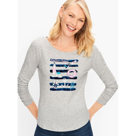 Talbots Anchors Away Graphic Print Nautical Tee Light Gray Womens Plus Size X