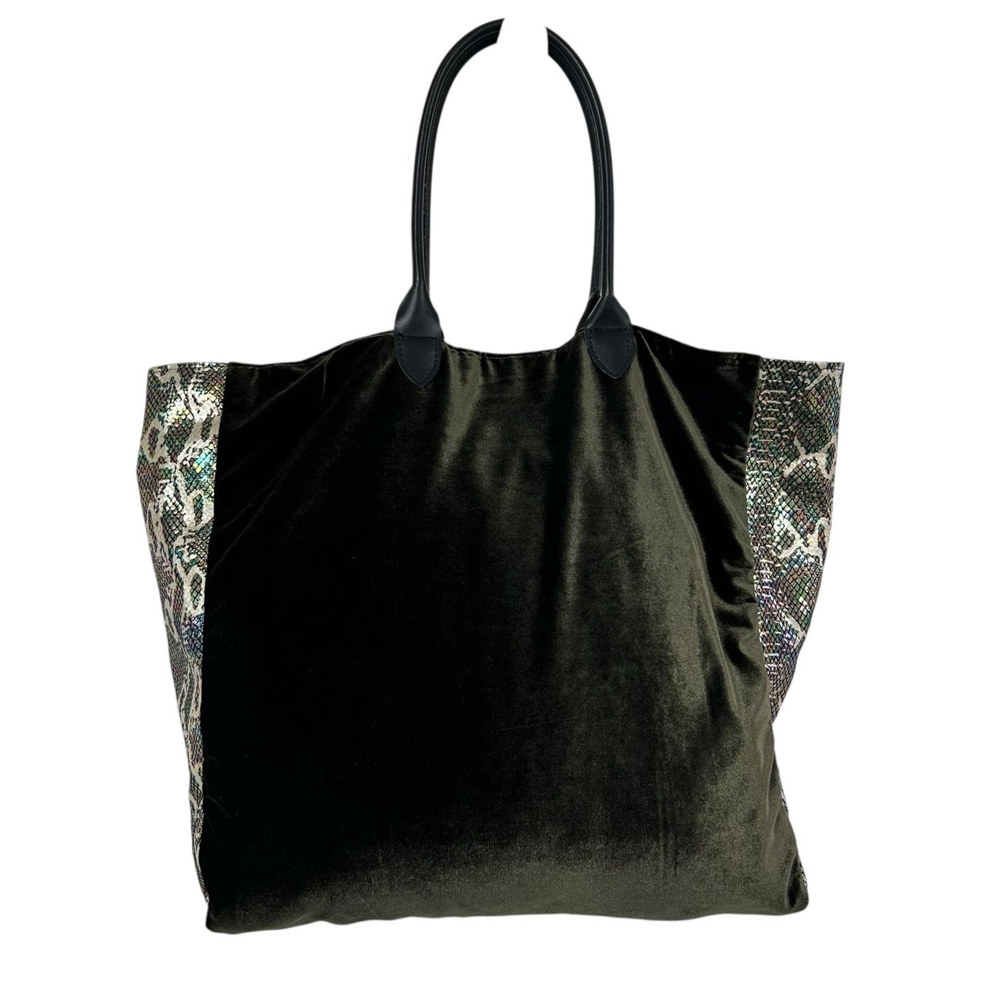Momo Anthropologie Dark Green Velour Metallic Snakeskin Double Handle Tote Bag