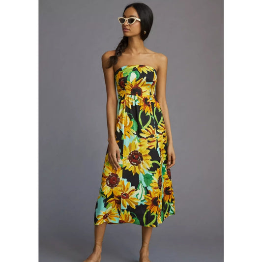 NWT Maeve by Anthropologie Yellow Black Sunflower Print Strapless Dress XS