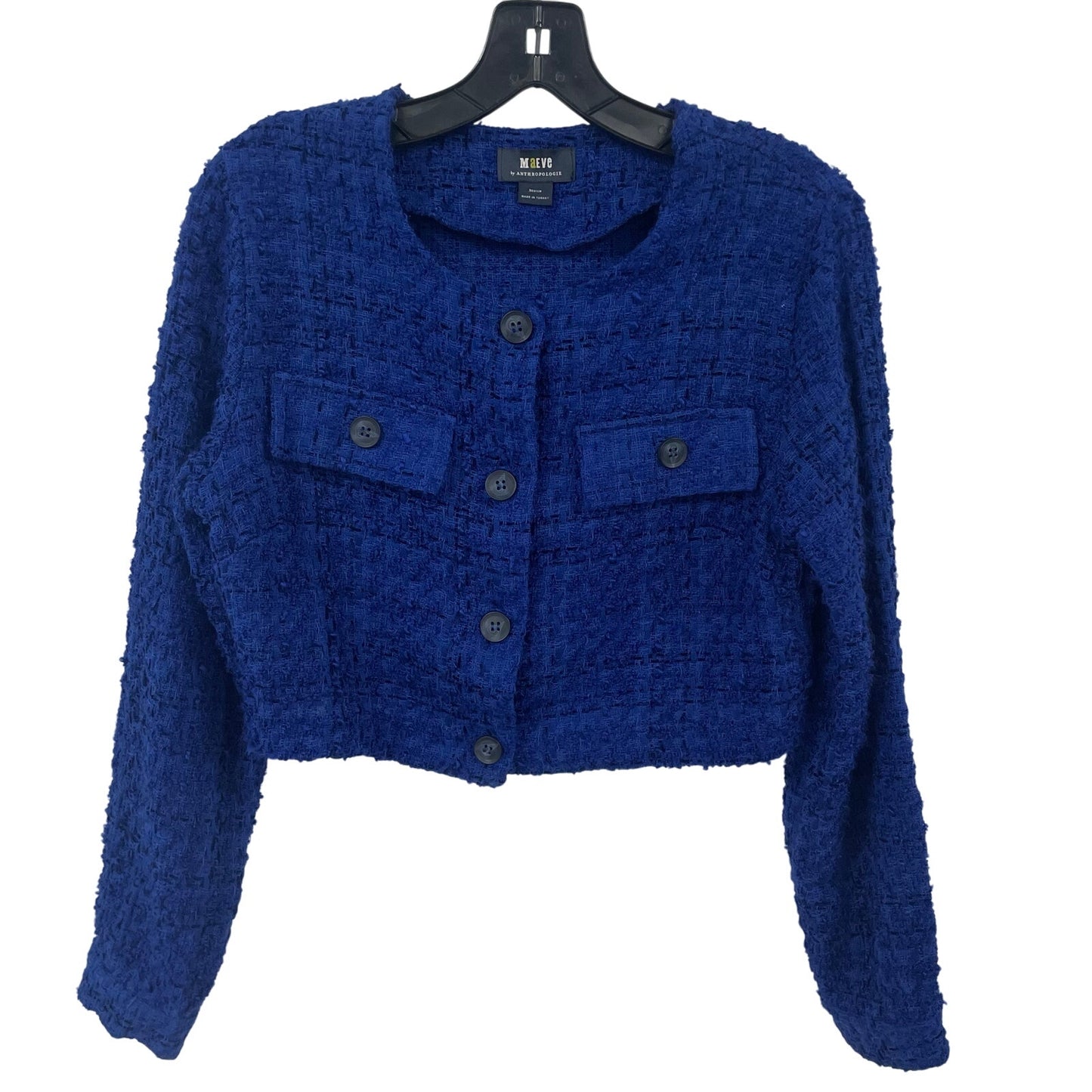Maeve by Anthropologie Button Up Cropped Tweed Blazer Royal Blue Womens Medium