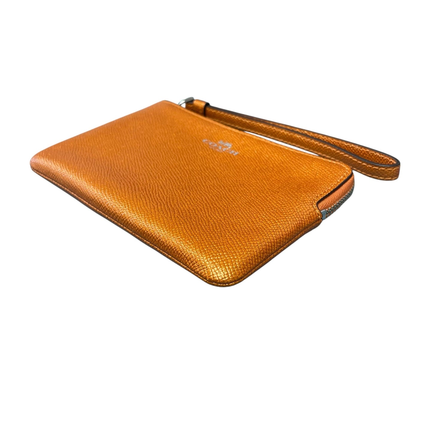 Coach Metallic Orange Leather Zip Up Wristlet Pouch Wallet