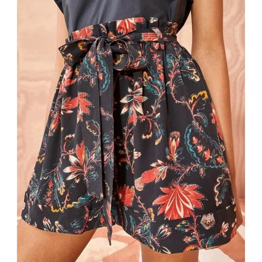 Ulla Johnson Leica Belted 100% Silk Paperbag Shorts Obsidian Floral Print Size 0