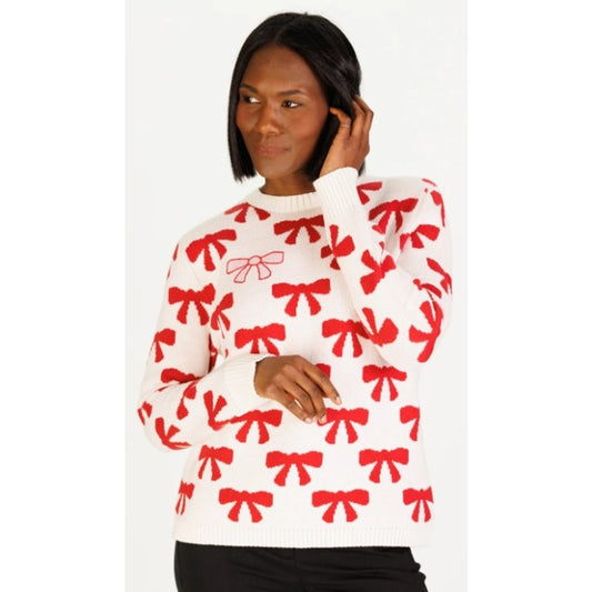 Duffield Lane Heirloom Cotton The Bow Sweater in Ivory Red and Pink Womens XS