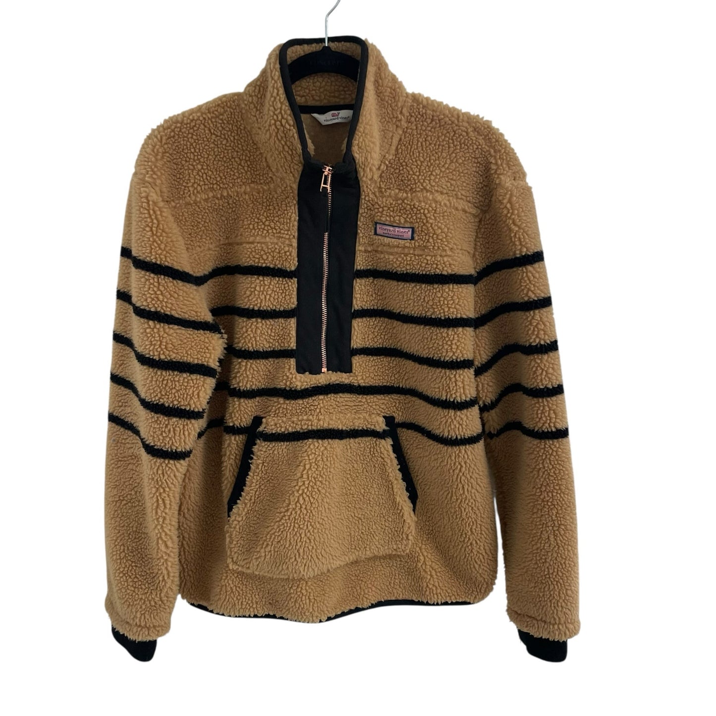 Vineyard Vines Sherpa Fleece Breton Stripe SuperShep Half Zip Tan Black Medium