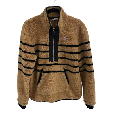 Vineyard Vines Sherpa Fleece Breton Stripe SuperShep Half Zip Tan Black Medium