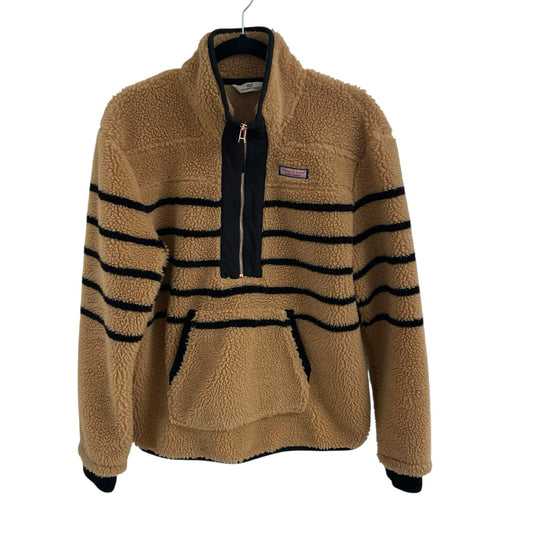 Vineyard Vines Sherpa Fleece Breton Stripe SuperShep Half Zip Tan Black Medium