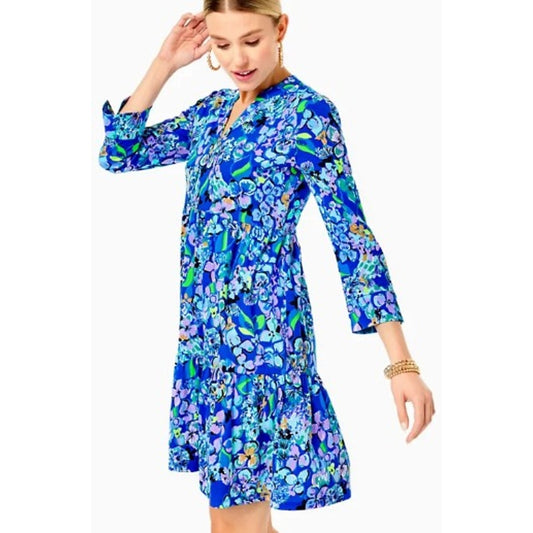 Lilly Pulitzer Alaina 3/4 Sleeve Dress Blue Grotto Twilight Tropics Print Large