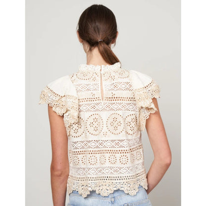 SEA New York Cream Evie Eyelet Embroidered Flutter Sleeve Top Womens Medium