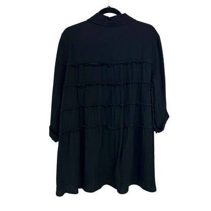 NWT John Mark Black Roll Tab Sleeve Button Up Ruffle Back Top Womens Large