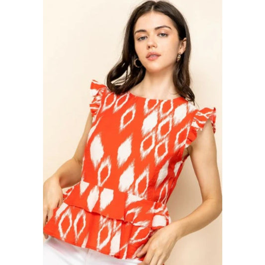 THML Orange White Geo Print Ruffle Sleeve Rayon Blend Top Womens Medium