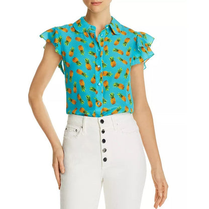 Alice + Olivia Blue Pineapple Print Flutter Sleeve Button Front Top Size Medium