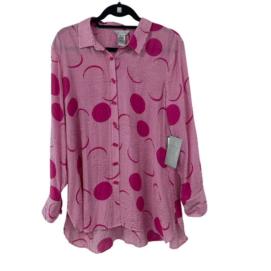 NWT Multiples Pink Polka Dot Print Crinkle Button Up Blouse Womens Large