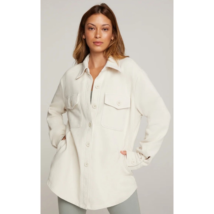 Good American Pure Cotton Button Up Fleece Shacket in Bone Womens XXS / XS AS IS