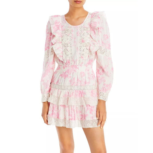 LoveShackFancy White Pink Floral Long Sleeve Santorini Mini Dress Womens X-Small