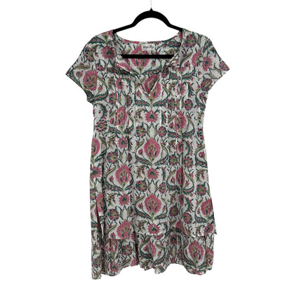 Vintage Ibiza Pink Green Floral Print Short Sleeve Cotton Dress Womens Small