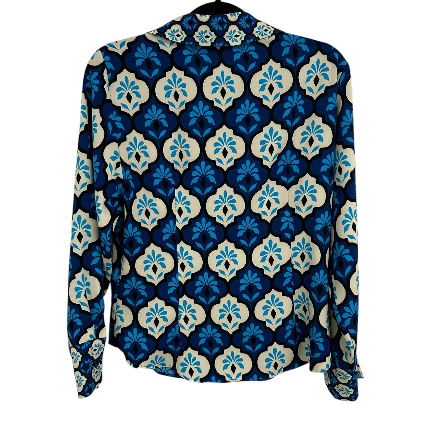 Zara Blue Cream Retro Print Long Sleeve Button Front Top Womens Medium