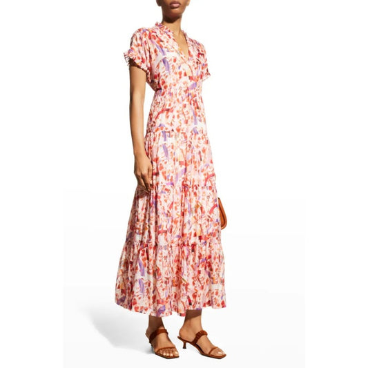 Marie Oliver Multi Color Short Sleeve V Neck Farah Tiered Maxi Dress Women Small