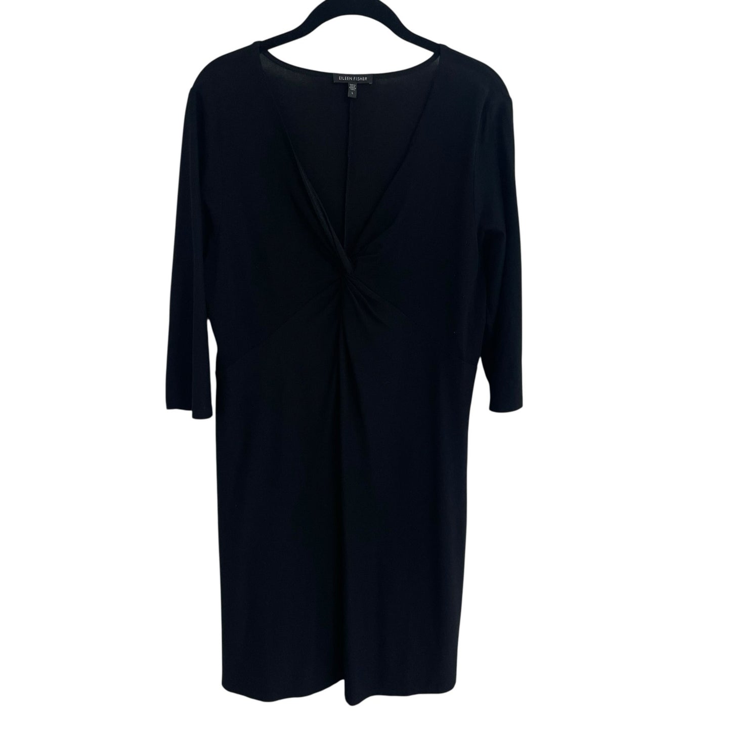 Eileen Fisher Lowcut Knotted Front 3/4 Sleeve Black Shift Dress Womens Large
