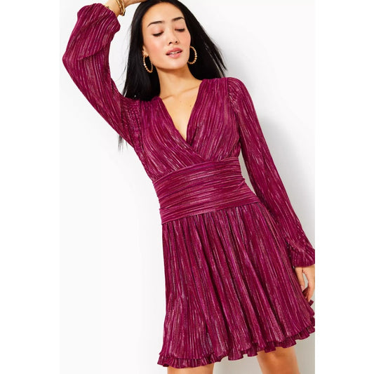 Lilly Pulitzer Jessamie Metallic Ruffle Long Sleeve Dress Mulberry Foil Womens 8