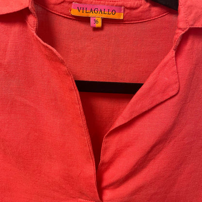 Vilagallo 100% Linen Split Neck Short Sleeve Popover Top Coral Red 36 / US 4