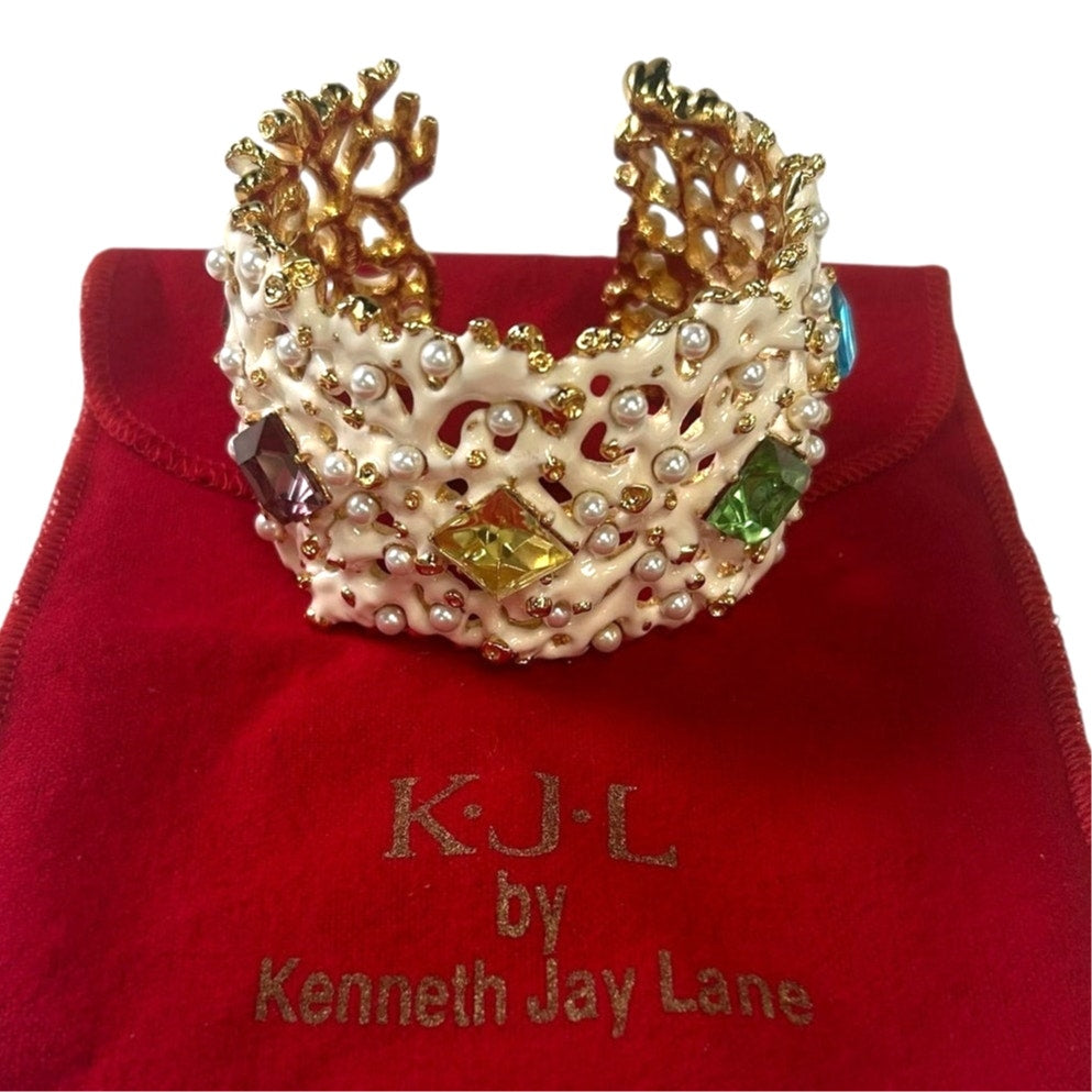 KJL by Kenneth Jay Lane Coral Enamel Pearl & Gem Embellished Cuff Bracelet